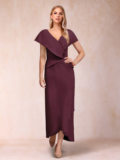 Robe de Mère de la Mariée Asymétrique En Mousseline de Soie à Col En V et Gaine/Colonne avec Paillettes Perlées