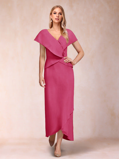 Robe de Mère de la Mariée Asymétrique En Mousseline de Soie à Col En V et Gaine/Colonne avec Paillettes Perlées