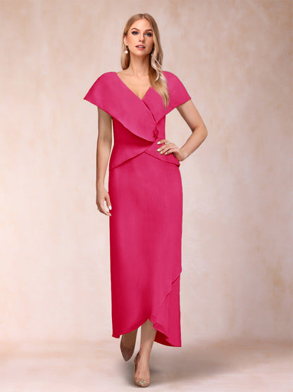 Robe de Mère de la Mariée Asymétrique En Mousseline de Soie à Col En V et Gaine/Colonne avec Paillettes Perlées