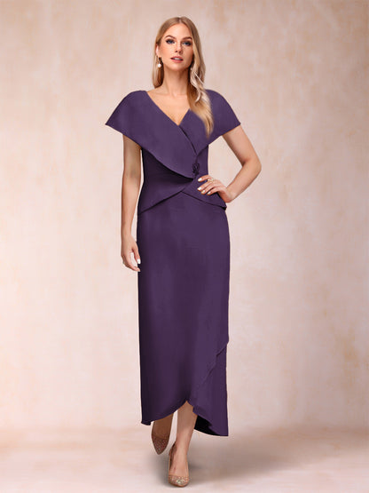 Robe de Mère de la Mariée Asymétrique En Mousseline de Soie à Col En V et Gaine/Colonne avec Paillettes Perlées