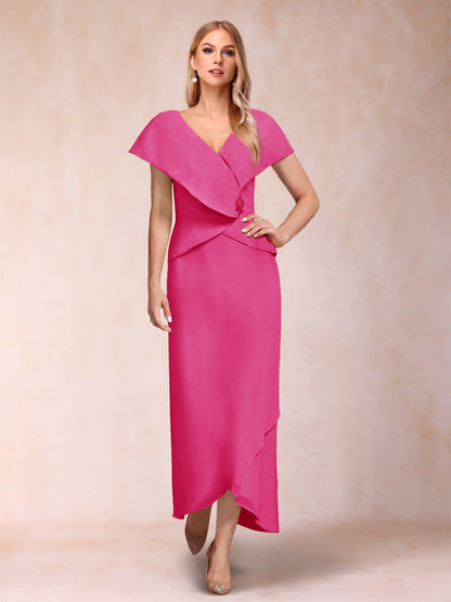 Robe de Mère de la Mariée Asymétrique En Mousseline de Soie à Col En V et Gaine/Colonne avec Paillettes Perlées