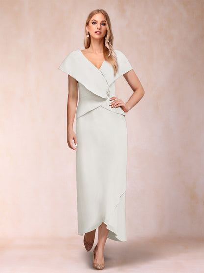 Robe de Mère de la Mariée Asymétrique En Mousseline de Soie à Col En V et Gaine/Colonne avec Paillettes Perlées