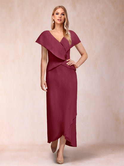 Robe de Mère de la Mariée Asymétrique En Mousseline de Soie à Col En V et Gaine/Colonne avec Paillettes Perlées