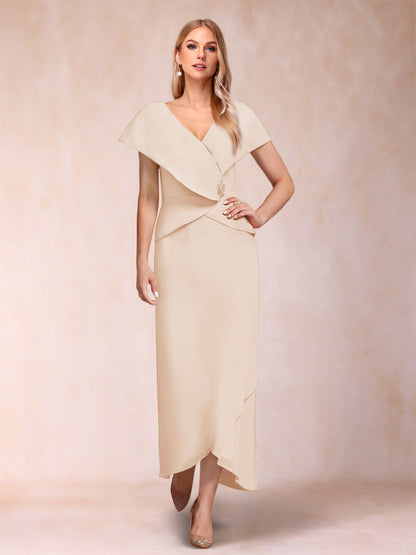Robe de Mère de la Mariée Asymétrique En Mousseline de Soie à Col En V et Gaine/Colonne avec Paillettes Perlées