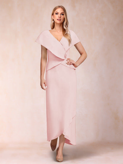 Robe de Mère de la Mariée Asymétrique En Mousseline de Soie à Col En V et Gaine/Colonne avec Paillettes Perlées