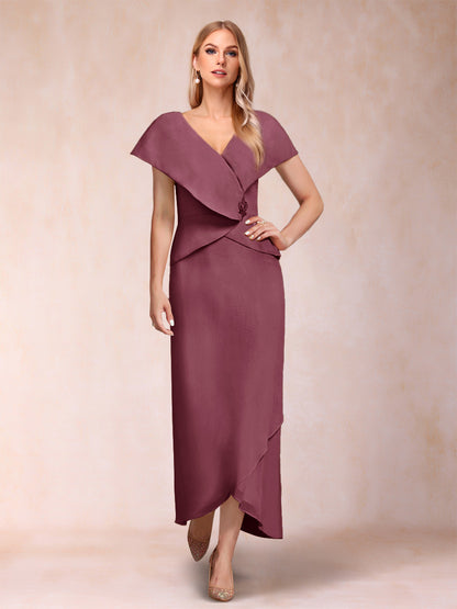 Robe de Mère de la Mariée Asymétrique En Mousseline de Soie à Col En V et Gaine/Colonne avec Paillettes Perlées