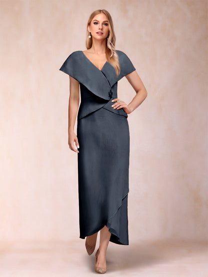 Robe de Mère de la Mariée Asymétrique En Mousseline de Soie à Col En V et Gaine/Colonne avec Paillettes Perlées