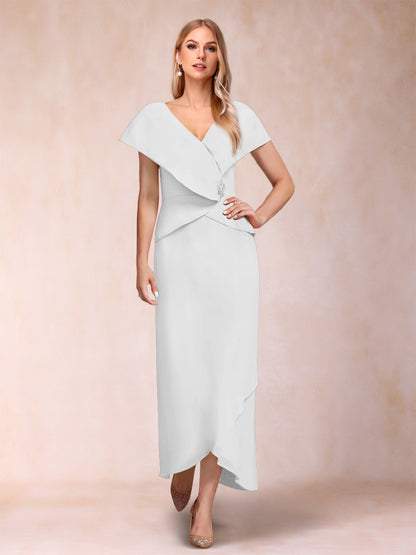Robe de Mère de la Mariée Asymétrique En Mousseline de Soie à Col En V et Gaine/Colonne avec Paillettes Perlées