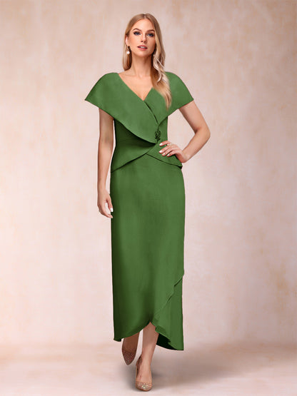 Robe de Mère de la Mariée Asymétrique En Mousseline de Soie à Col En V et Gaine/Colonne avec Paillettes Perlées