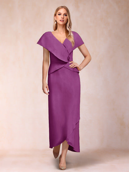 Robe de Mère de la Mariée Asymétrique En Mousseline de Soie à Col En V et Gaine/Colonne avec Paillettes Perlées