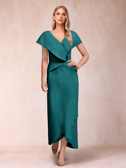 Robe de Mère de la Mariée Asymétrique En Mousseline de Soie à Col En V et Gaine/Colonne avec Paillettes Perlées