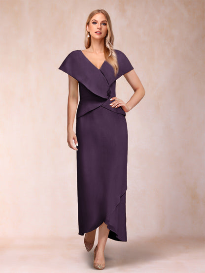 Robe de Mère de la Mariée Asymétrique En Mousseline de Soie à Col En V et Gaine/Colonne avec Paillettes Perlées