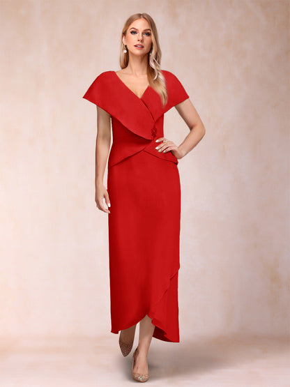 Robe de Mère de la Mariée Asymétrique En Mousseline de Soie à Col En V et Gaine/Colonne avec Paillettes Perlées
