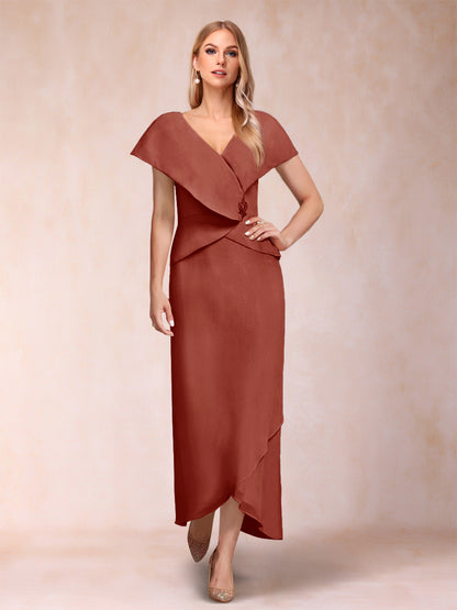 Robe de Mère de la Mariée Asymétrique En Mousseline de Soie à Col En V et Gaine/Colonne avec Paillettes Perlées