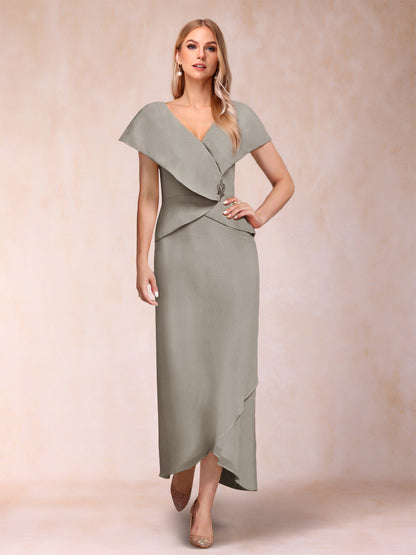 Robe de Mère de la Mariée Asymétrique En Mousseline de Soie à Col En V et Gaine/Colonne avec Paillettes Perlées