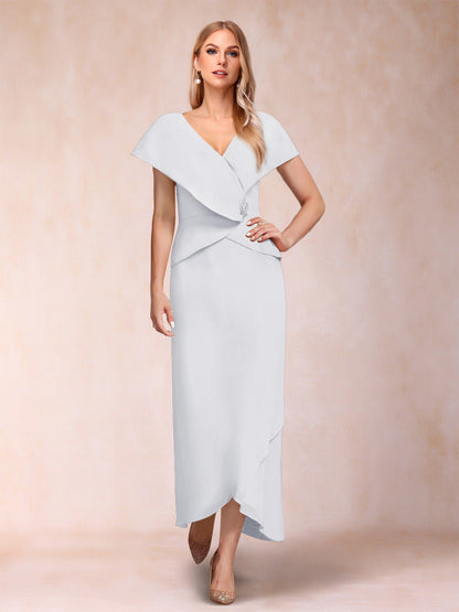 Robe de Mère de la Mariée Asymétrique En Mousseline de Soie à Col En V et Gaine/Colonne avec Paillettes Perlées