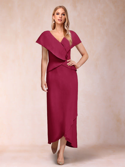 Robe de Mère de la Mariée Asymétrique En Mousseline de Soie à Col En V et Gaine/Colonne avec Paillettes Perlées