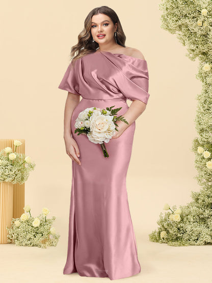 Robe de Demoiselled'Honneur Grande Taille, Style Sirène, Asymétrique, Manches Mi-Longues avec Fronces