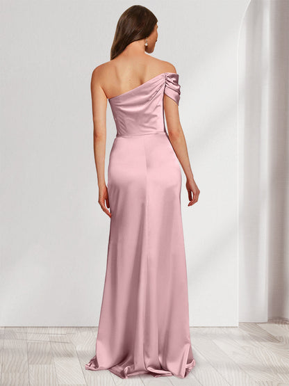 Robe de Demoiselle d'Honneur Fourreau/Colonne à Épaules Dénudées et Longueur Au Sol Froncée avec Côté Fendu
