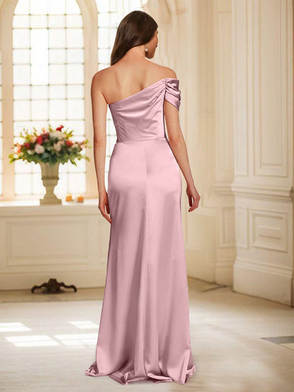 Robe de Demoiselled'Honneur Fourreau/Colonne, Épaules Dénudées, Longueur au Sol, Froncée avec Fente Latérale