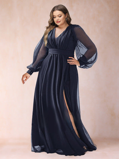 Robe de Mère de la Mariée Grande Taille, Coupe Trapèze/Princesse, Col en V, Longueur au Sol, en Mousseline avec Fente Latérale