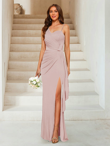 Robe de Soirée Fourreau/Colonne à Décolleté En Cœur Sans Manches Longueur Au Sol avec Côté Fendu et Froncé