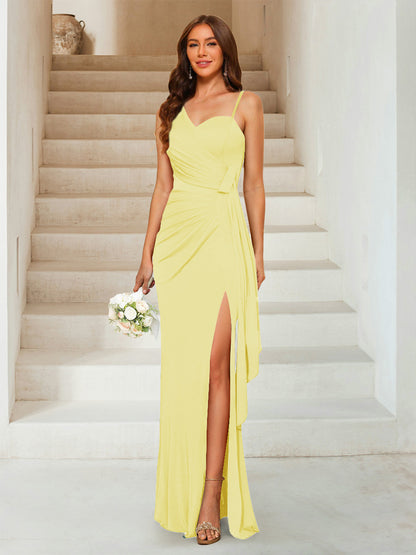 Robe de Soirée Fourreau/Colonne à Décolleté En Cœur Sans Manches Longueur Au Sol avec Côté Fendu et Froncé