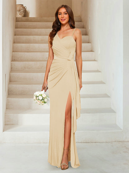 Robe de Soirée Fourreau/Colonne à Décolleté En Cœur Sans Manches Longueur Au Sol avec Côté Fendu et Froncé