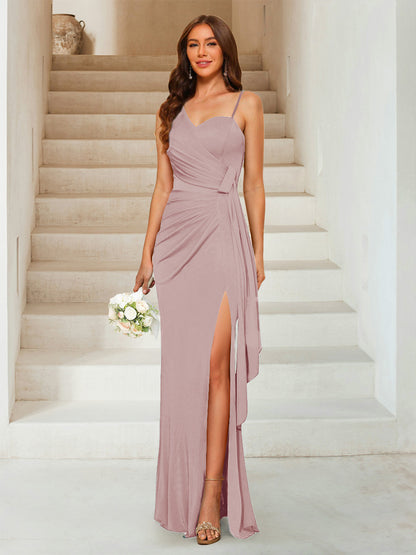 Robe de Soirée Fourreau/Colonne à Décolleté En Cœur Sans Manches Longueur Au Sol avec Côté Fendu et Froncé