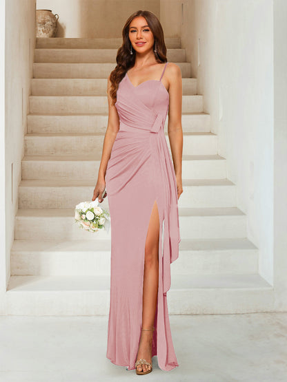 Robe de Soirée Fourreau/Colonne à Décolleté En Cœur Sans Manches Longueur Au Sol avec Côté Fendu et Froncé