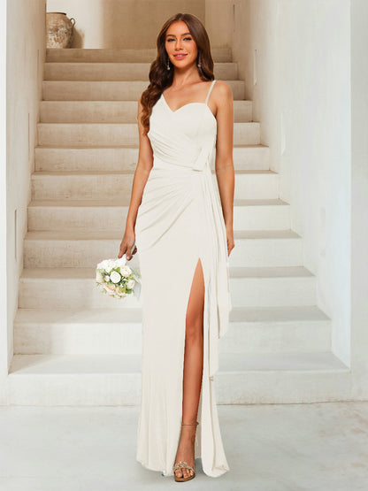 Robe de Soirée Fourreau/Colonne à Décolleté En Cœur Sans Manches Longueur Au Sol avec Côté Fendu et Froncé