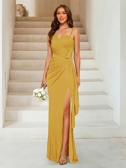 Robe de Soirée Fourreau/Colonne à Décolleté En Cœur Sans Manches Longueur Au Sol avec Côté Fendu et Froncé