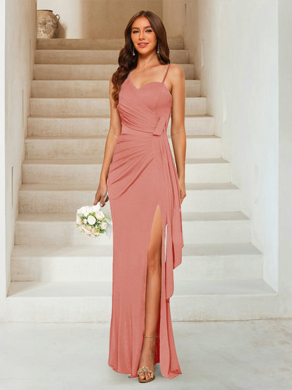 Robe de Soirée Fourreau/Colonne à Décolleté En Cœur Sans Manches Longueur Au Sol avec Côté Fendu et Froncé
