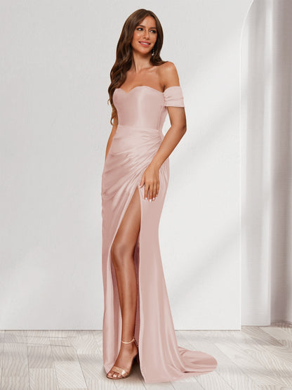 Robe de Soirée Fourreau/Colonne à Une Épaule Sans Manches avec Traîne à Balayage et Fente Sur Le Côté et Volants