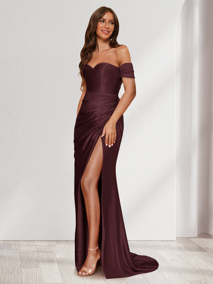 Robe de Soirée Fourreau/Colonne à Une Épaule Sans Manches avec Traîne à Balayage et Fente Sur Le Côté et Volants