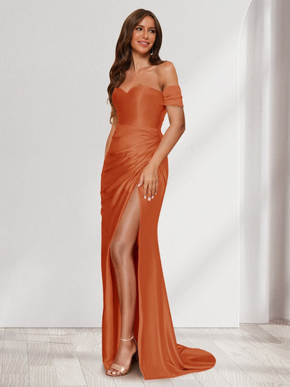 Robe de Soirée Fourreau/Colonne à Une Épaule Sans Manches avec Traîne à Balayage et Fente Sur Le Côté et Volants