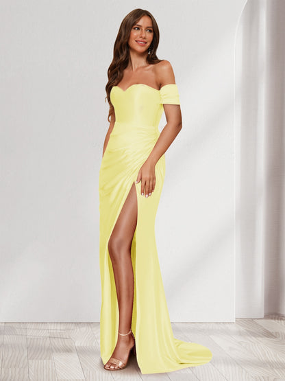 Robe de Soirée Fourreau/Colonne à Une Épaule Sans Manches avec Traîne à Balayage et Fente Sur Le Côté et Volants