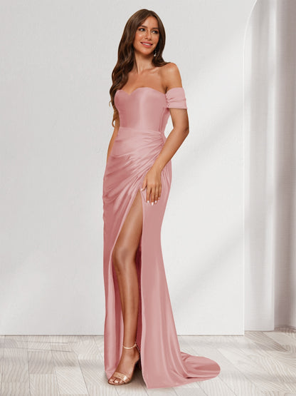 Robe de Soirée Fourreau/Colonne à Une Épaule Sans Manches avec Traîne à Balayage et Fente Sur Le Côté et Volants