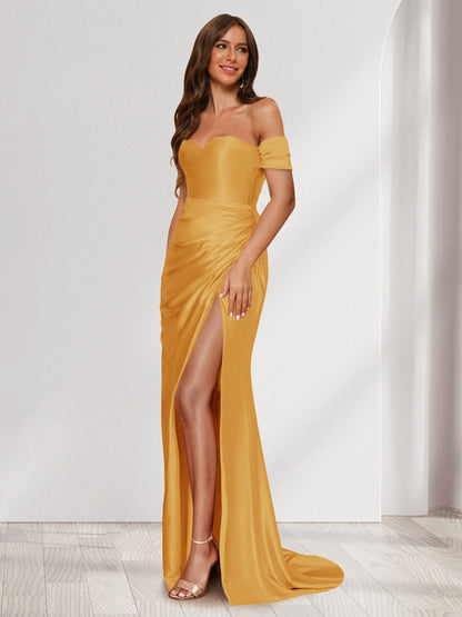 Robe de Soirée Fourreau/Colonne à Une Épaule Sans Manches avec Traîne à Balayage et Fente Sur Le Côté et Volants