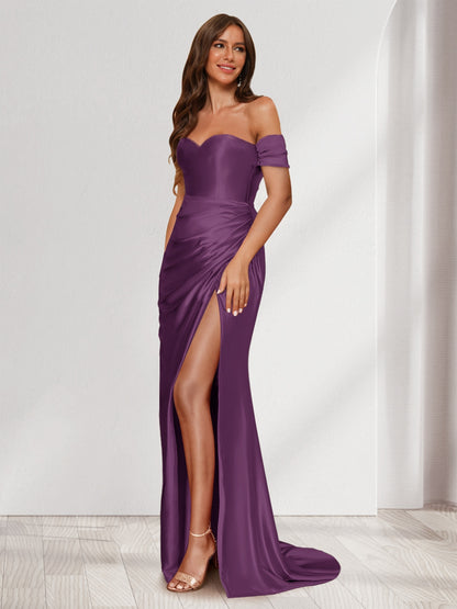 Robe de Soirée Fourreau/Colonne à Une Épaule Sans Manches avec Traîne à Balayage et Fente Sur Le Côté et Volants