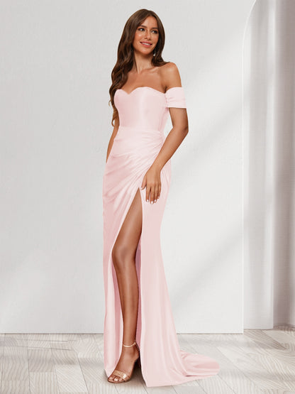 Robe de Soirée Fourreau/Colonne à Une Épaule Sans Manches avec Traîne à Balayage et Fente Sur Le Côté et Volants