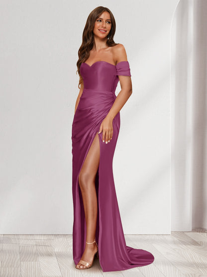 Robe de Soirée Fourreau/Colonne à Une Épaule Sans Manches avec Traîne à Balayage et Fente Sur Le Côté et Volants