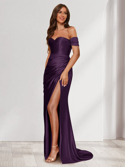 Robe de Soirée Fourreau/Colonne à Une Épaule Sans Manches avec Traîne à Balayage et Fente Sur Le Côté et Volants