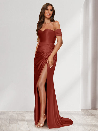 Robe de Soirée Fourreau/Colonne à Une Épaule Sans Manches avec Traîne à Balayage et Fente Sur Le Côté et Volants