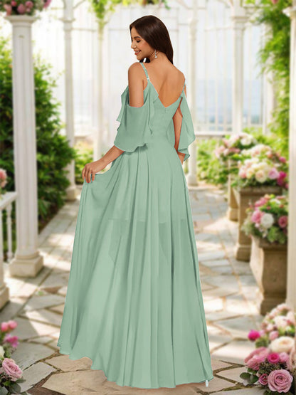 Robe de Demoiselled'Honneur Trapèze/Princesse en Mousseline à Volants, Col en V, Manches Courtes et Longueur au Sol