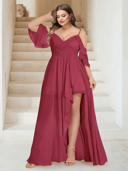 Robe de Demoiselled'Honneur Grande Taille en Mousseline, Coupe Trapèze/Princesse, Col en V, Manches Courtes, Longueur au Sol avec Volants