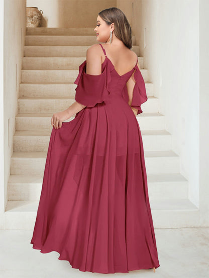 Robe de Demoiselled'Honneur Grande Taille en Mousseline, Coupe Trapèze/Princesse, Col en V, Manches Courtes, Longueur au Sol avec Volants