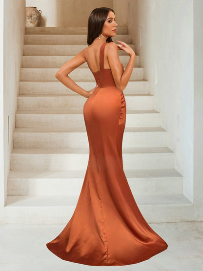 Robe de Soirée Sirène à Une Épaule et à Traîne avec Fente Sur Le Côté et Fronces