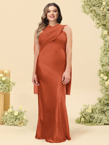 Robe de Demoiselled'Honneur Grande Taille, Fourreau/Colonne, Col Licou, Sans Manches, Longueur au Sol, à Lacets