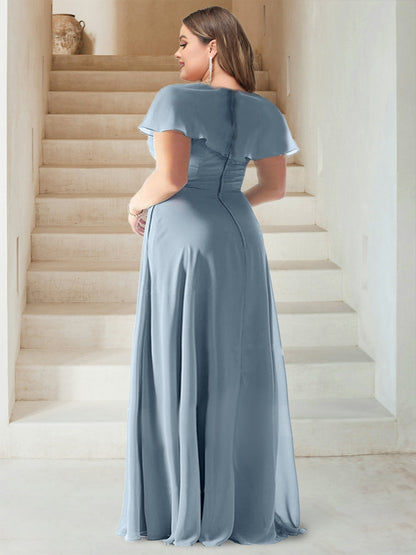 Robe de Demoiselled'Honneur Grande Taille en Mousseline, Coupe Fourreau/Colonne, Col en V, Manches Courtes, Longueur au Sol avec Fente Latérale
